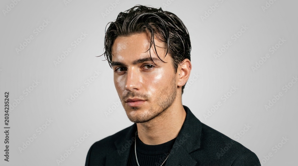 Obraz premium A man with wet hair, wearing a black jacket, standing against a grey background.
