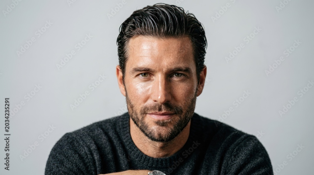 Obraz premium A man with dark hair wearing a dark sweater, standing against a plain background.