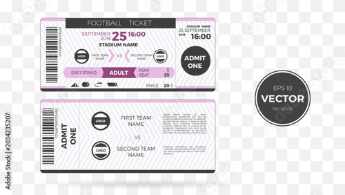 Illustrative football ticket template for an adult admission to a match.
