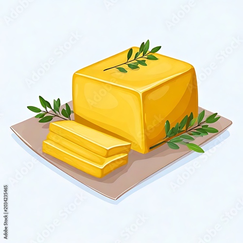 Golden dairy product on paper, garnished with leaves