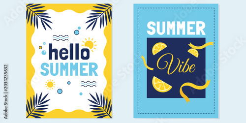 Slika na platnu Summer Vibe and Hello Summer Posters: Two vibrant graphic design posters exuding a cheerful summer vibe, one with tropical leaves and a sun, the other with lemon slices and bold typography