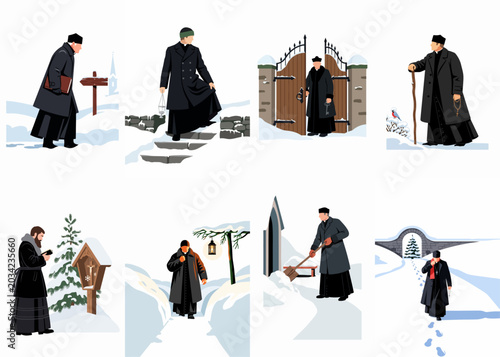 Obraz na plátně Flat Illustration Set of Catholic Priests in Various Winter Activities, Showcasing Religious Devotion and Pastoral Life in Snowy Rural Landscapes