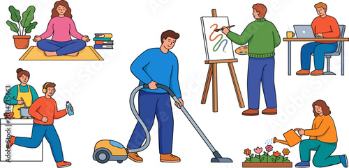 Obraz na płótnie Diverse People Engaging in Daily Activities and Creative Hobbies Including Yoga,
