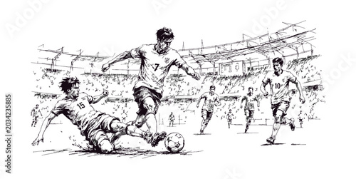 Foto Dynamic black and white sketch of a soccer player dribbling past a sliding defender in stadium