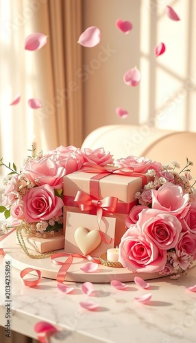 Vertical Elegant Pink Gift Box with Gold Ribbon, Pink Roses, and Mother's Day Card on Marble Table with Falling Petals and Sunlight