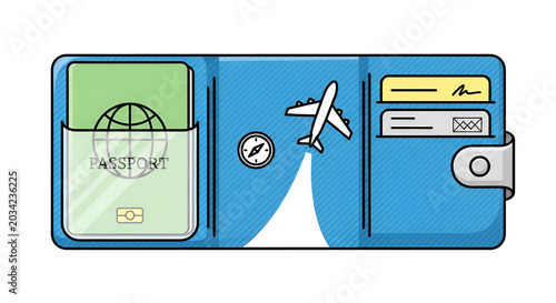 A blue travel wallet holds a passport, airplane ticket, and boarding pass for a journey.