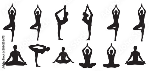Canvastavla Advanced yoga poses and stretching silhouette collection vector illustration eps