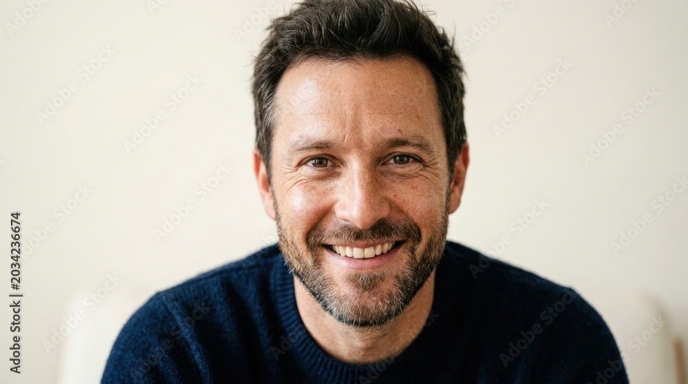 Fototapeta premium A man with a beard smiling, wearing a dark blue sweater, sitting in a white chair against a white background.