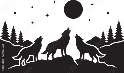 Billede på lærred Howling Wolf Pack Silhouette Full Moon Night Landscape