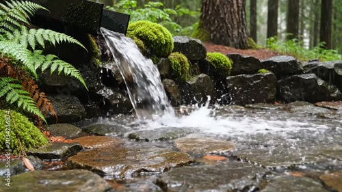 Tranquil waterfall cascading into a small pond in a lush, green forest with ferns and moss during the rain