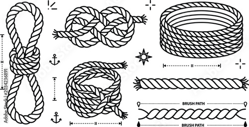 Canvastavla Nautical rope vector icon set with knots coils brush path marine elements line a