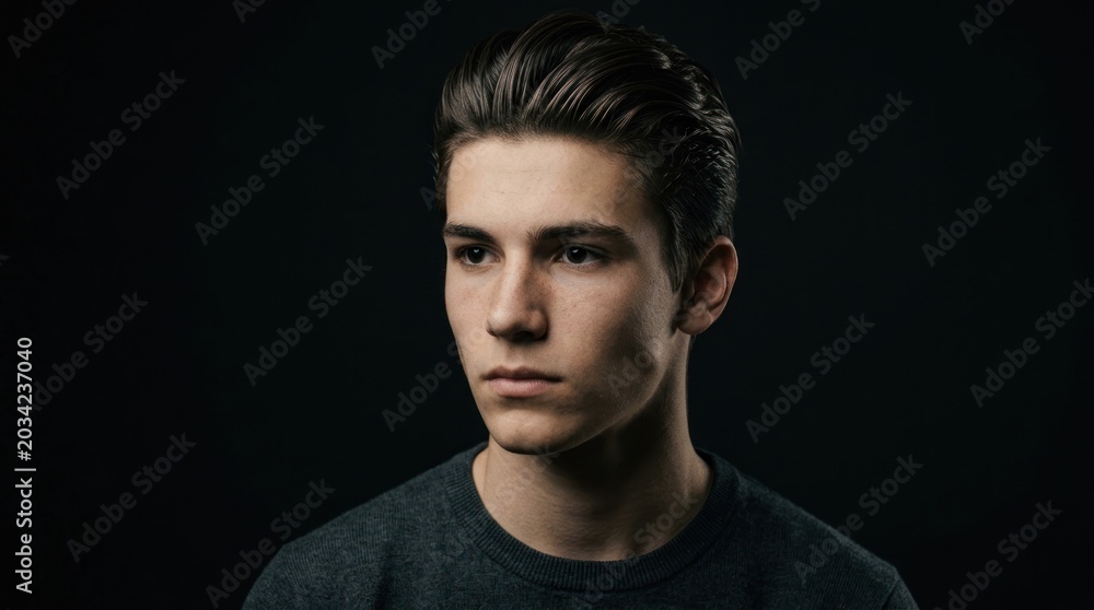 Obraz premium A young man with a serious expression, wearing a dark gray sweatshirt, against a black background.