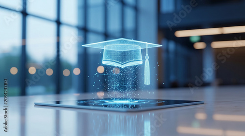 Holographic graduation cap floating above modern tablet device representing digital academic achievement and virtual learning platform concept for futuristic higher education success.