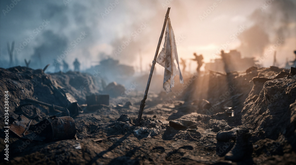 Fototapeta premium Atmospheric battlefield landscape with white flag and silhouettes of soldiers in smoke at sunset representing surrender and peace during war conflict in dusty trenches at dawn now.