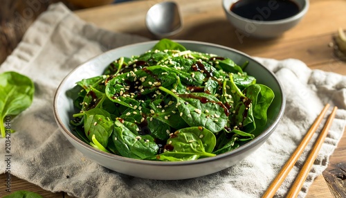 Fresh spinach salad with savory dressing and seeds