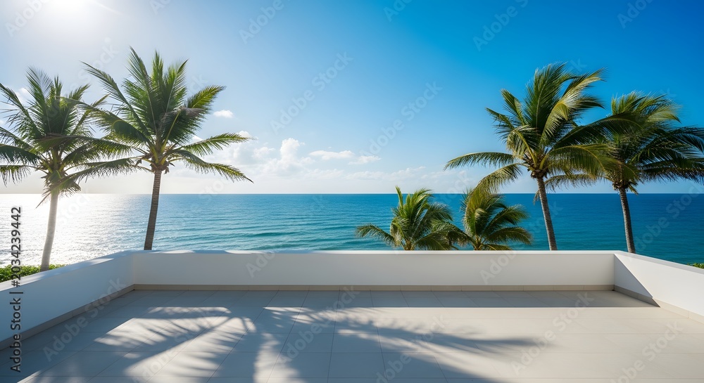 Fototapeta premium Modern terrace with ocean view and palm trees