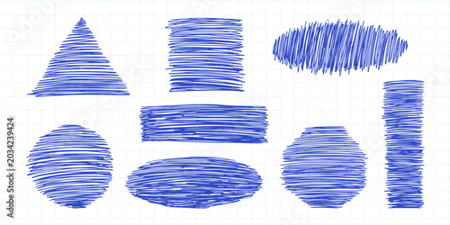 Fototapeta Scribbles on notebook paper. Hand drawn blue ink chaotic lines in forms of different shapes for design. Circle, square, rectangle, triangle and oval shapes. Vector illustration for creative projects.