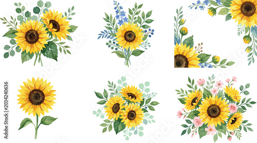 Watercolor Sunflower Bouquet and Floral Corner Element Vector Set with Greenery and Wildflowers for Wedding Invitations, Greeting Cards, and Patterns