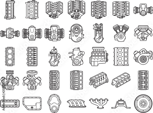 Collection of black and white engine illustration and icons, showcasing various types of engines from different perspectives, perfect for technical or industrial designs.