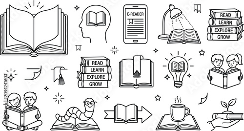Fotografía Reading book vector icon set with e-reader library bookworm kids study learning