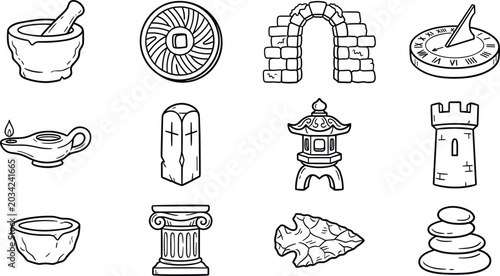 Tableau sur toile Ancient Civilization Outline Icon Collection with Sundial, Stone Arch, Greek Col