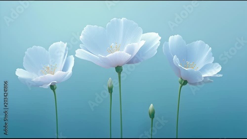Flowers bloom in a soft blue background with delicate petals and green stems during a sunny day in spring