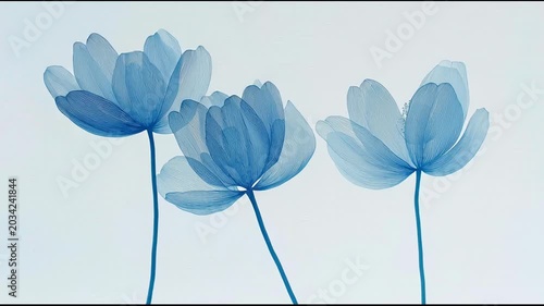 Three blue flowers with thin petals on a white background showing delicate shapes and forms