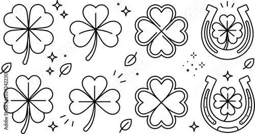 Tableau sur toile Saint Patricks Day lucky icon set with four leaf clovers shamrocks horseshoes an