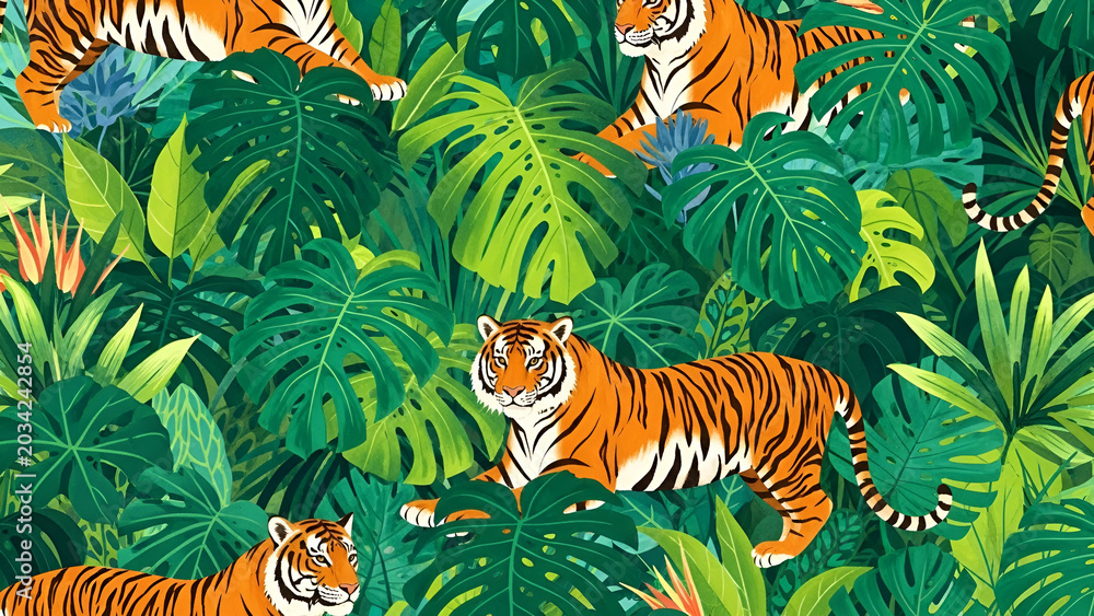 Obraz premium Vibrant tigers in lush tropical jungle with large green leaves and exotic plants, showcasing orange and black striped fur, white accents, and natural habitat