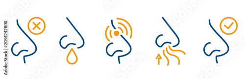 nose, outline set icons, pain, blocked nose, sense smell, runny nose, good breath, simple icon on white, editable stroke