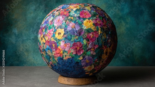 Globe Adorned with Colorful Handmade Flowers