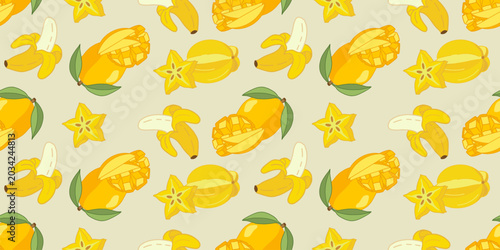 Foto Bright repeating background featuring ripe bananas, sliced mangoes, and carambola star fruit