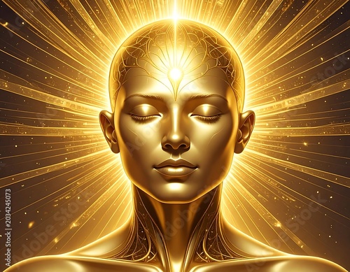 Golden enlightened humanoid head radiates light