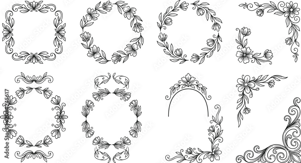 Fototapeta premium Elegant Floral Borders and Decorative Hand Drawn Frame VectorElegant Floral Borders and Decorative Hand Drawn Frame Vector