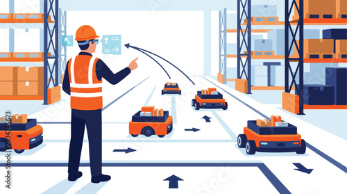 warehouse worker directing automated guided vehicles