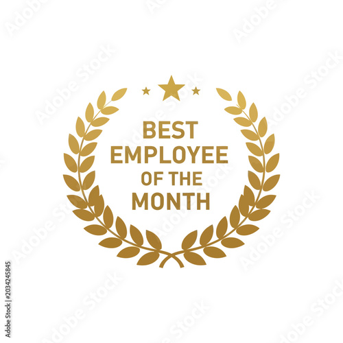 Gold Employee of the Month Emblem with Laurel Wreath and Stars on White Background