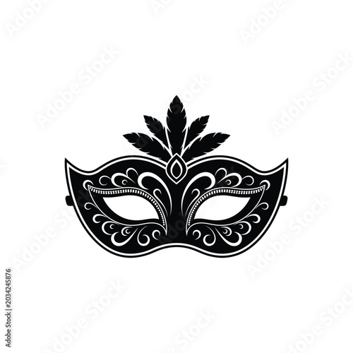 Black masquerade mask with ornate swirl patterns and feathers isolated on a white background