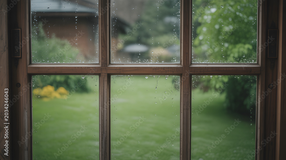 Fototapeta premium Wooden window with raindrops looking out onto a blurred green garden scene