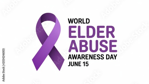 World Elder Abuse Awareness Day poster with purple ribbon isolated on white background