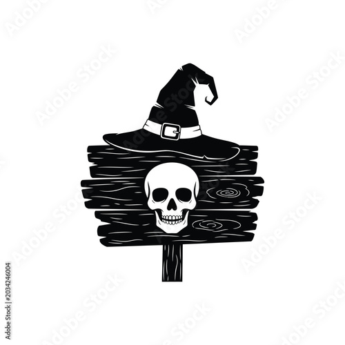 Black Silhouette of a Human Skull Placed on a Wooden Signpost with a Witch Hat on