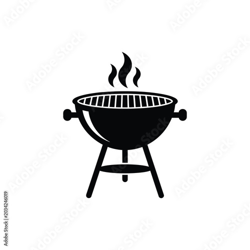 Black Silhouette of a Round Charcoal Barbecue Grill with Rising Smoke on a White Background