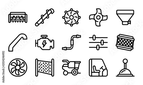 Schilderij op canvas Agricultural Machinery Parts Icons Set, Farming Equipment Components, Vector Gra