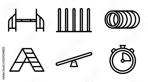 Foto Dog Agility Course Equipment Icons, Pet Training Obstacles, Canine Sports Vector
