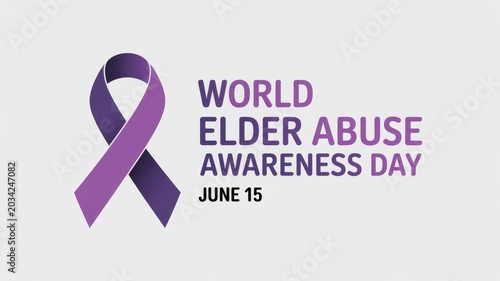 World Elder Abuse Awareness Day June 15 Banner with Purple Ribbon on Grey Background