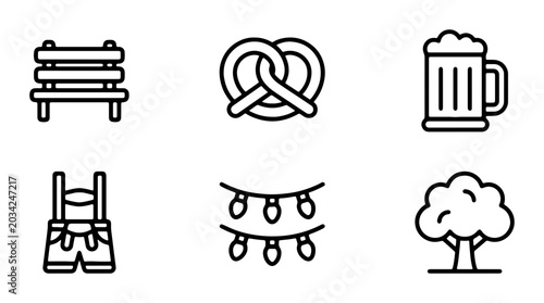 Konstfotografi Oktoberfest Icons: Beer Mug, Pretzel, Bench, Lederhosen, Lights, Tree Vector Set