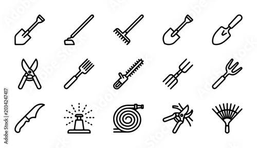 Vászonkép Gardening Tools Icons Set, Vector Outline Symbols for Agriculture and Horticultu