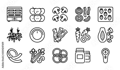 Tableau sur toile Food Dehydrator Icons, Fresh Produce & Kitchen Tools Vector Set: Healthy Eating