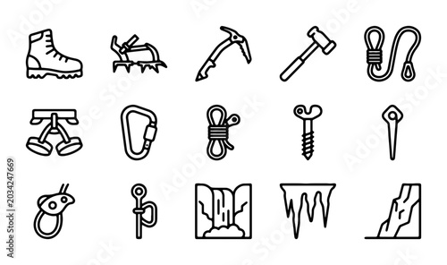 Schilderij op canvas Climbing Gear Icons, Mountaineering Equipment Set, Outdoor Adventure Vector Grap