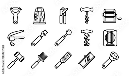 Photos Kitchen Gadgets Vector Icons: Peeler, Grater, Opener, Corkscrew, Pasta Maker, Ga