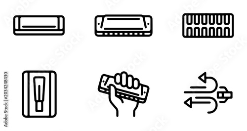 Tableau sur toile Harmonica Icons Set: Musical Instrument Line Art, Blues Harp, Mouth Organ, Vecto